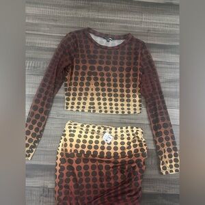 Brown and Tan Polka Dot Long Sleeve Crop Top